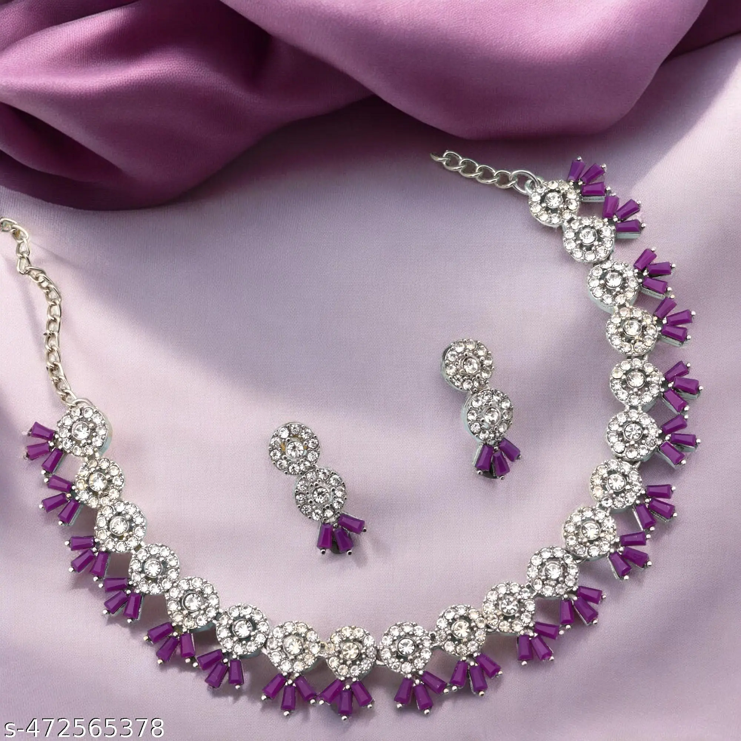 Purple American Diamond Necklace Set For Women